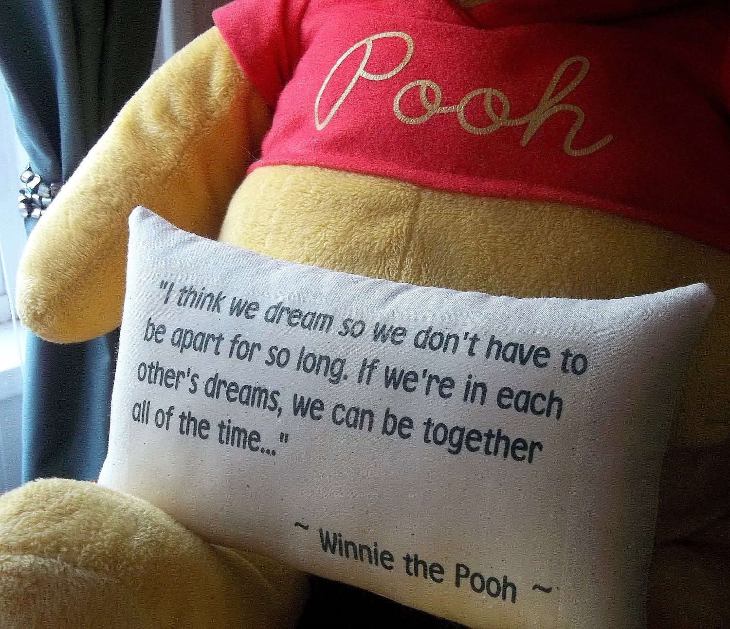 Winnie the Pooh-'Dreaming Together''-Miniature Quotation Mini Pillow-Blue Striped Ticking