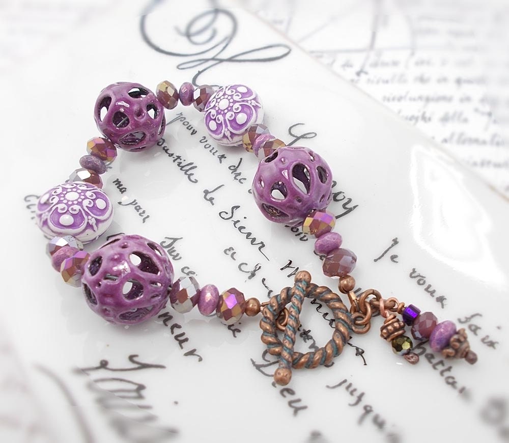 Torch fired plum glass enamel bracelet