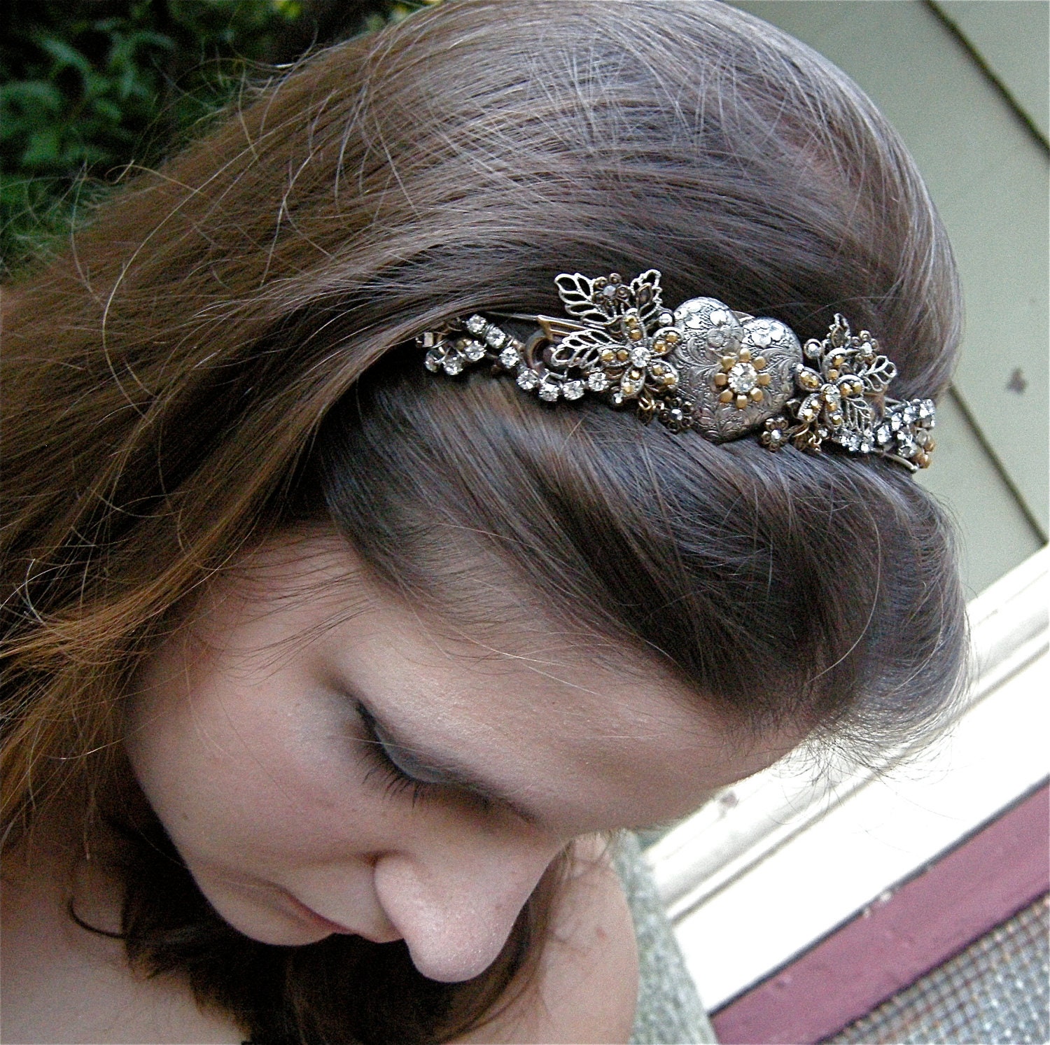 Jeweled Flower and Heart Headband