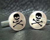 Mother of Pearl Engraved and Inlaid Skull and Bones Pirate Rocker Gothic Cuff links - W