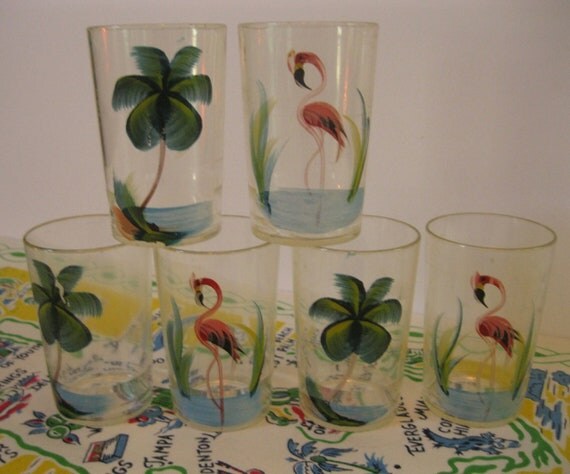 RESERVED FOR MELISSA            Vintage plastic shot  or juice glasses - set of 6 with hand painted flamingos and palm trees