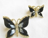 Vintage Black and Blue Enamel and Rhinestone Butterfly Pins or Brooches Duo
