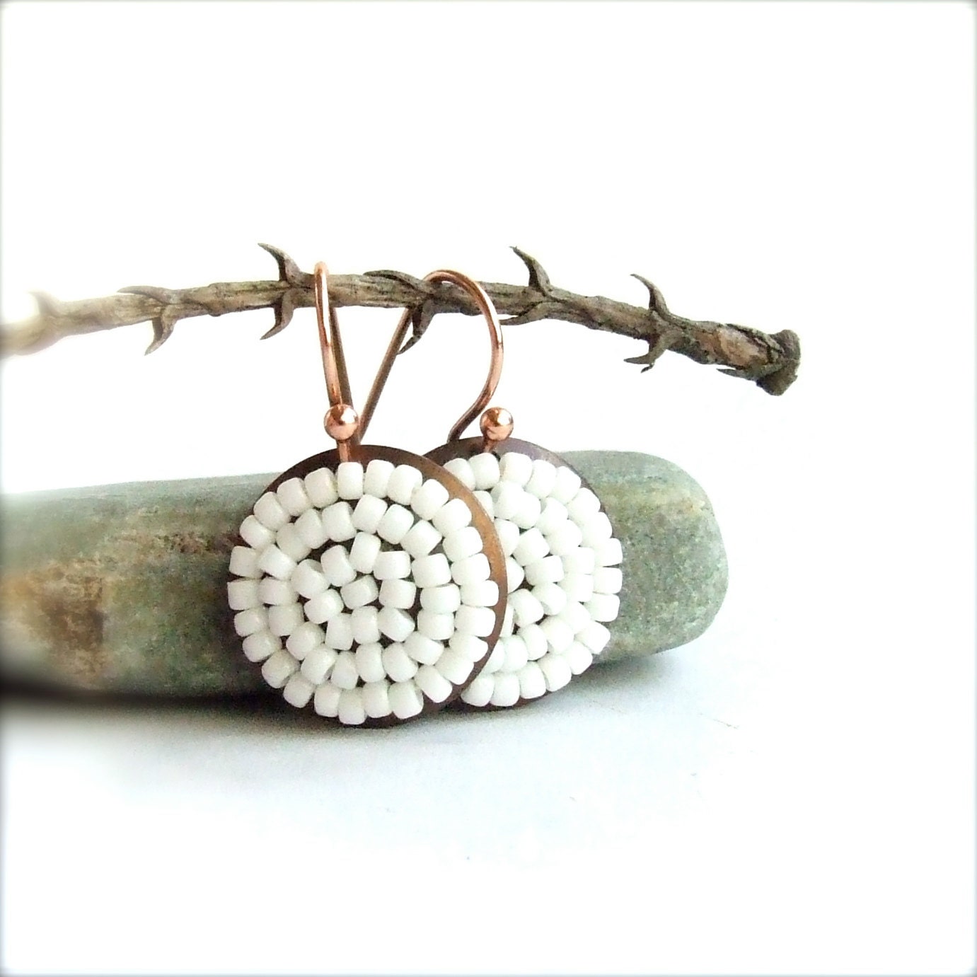 White Glass Seed Bead Woven, Copper - Beaded Earrings - Round Drop Dangle Jewellery