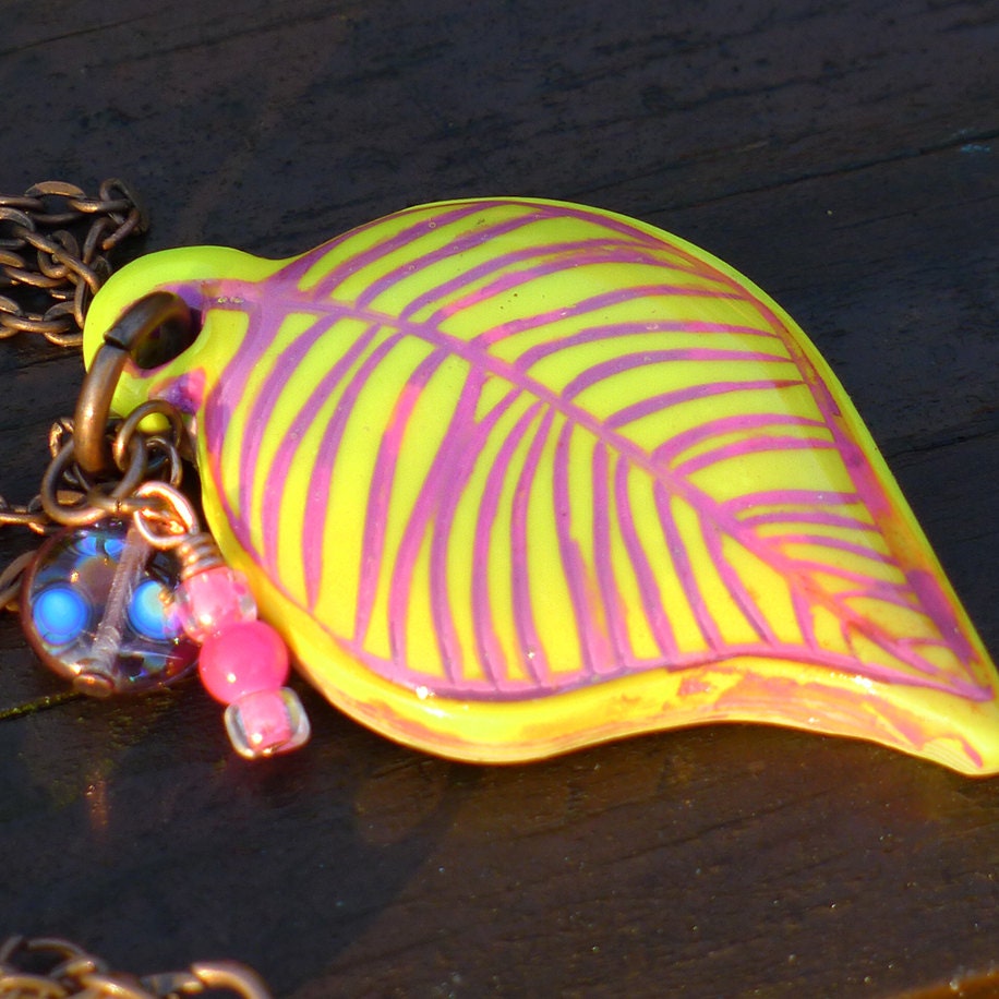 Neon Yellow Fall Leaf Pendant with Beaded Charms on Vintage Style Antique Copper Chain