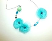 Christmas Gift Turquoise Blue fabric flower necklace from silk with glass beads on a chain holiday gift for her gift under 30