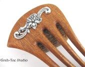 Curly Koa Wood Nefertari Hair Fork Silver flower and Vines 4 Prong Lilli Grahtoe Handmade