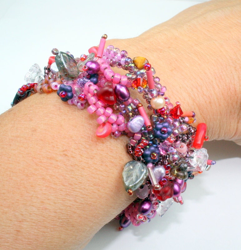 Beadwoven bracelet, Freeform pink and purple beadwoven OOAK bracelet, crystals, pearls, pressed glass