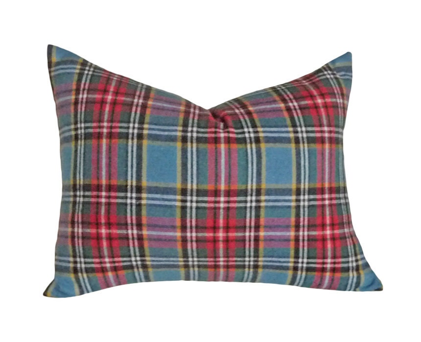 Blue Plaid Pillows, Rustic, Wool Decorative Throw Cushion Covers, Country Chic, Blue and Red Tartan, Lodge Cabin Decor for Him, Oblong 14x18
