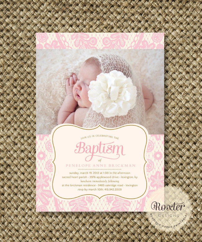 Girl Baptism or Dedication Invitation. I Customize, You Print. Digital File - Graceful Lace