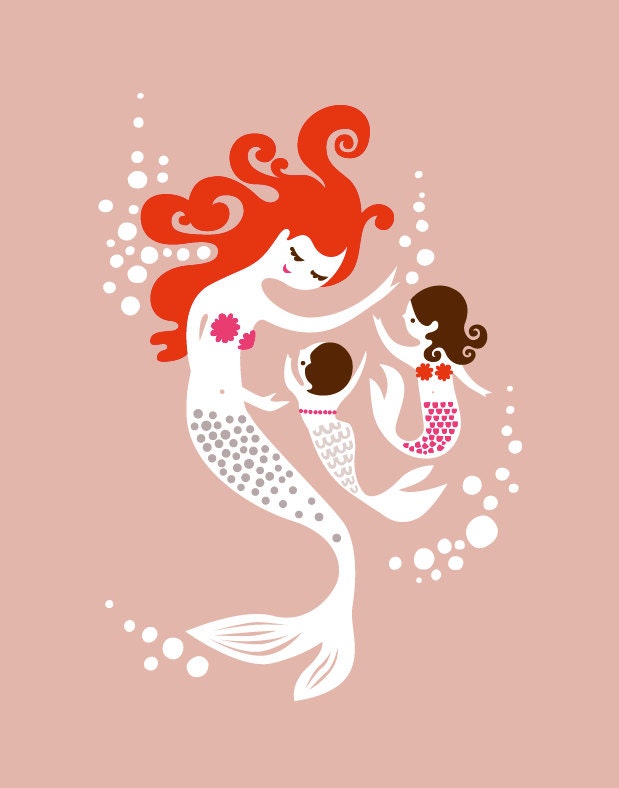 mermaid mother & daughters. redhead/brunette/rose/lavender/fuchsia. 11X14" giclee print.