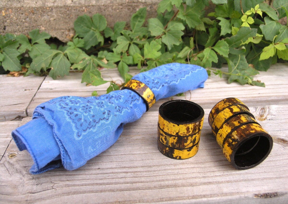 Individual Napkin Rings, Kitchen Decor, Yellow Brown Round Metal Holders