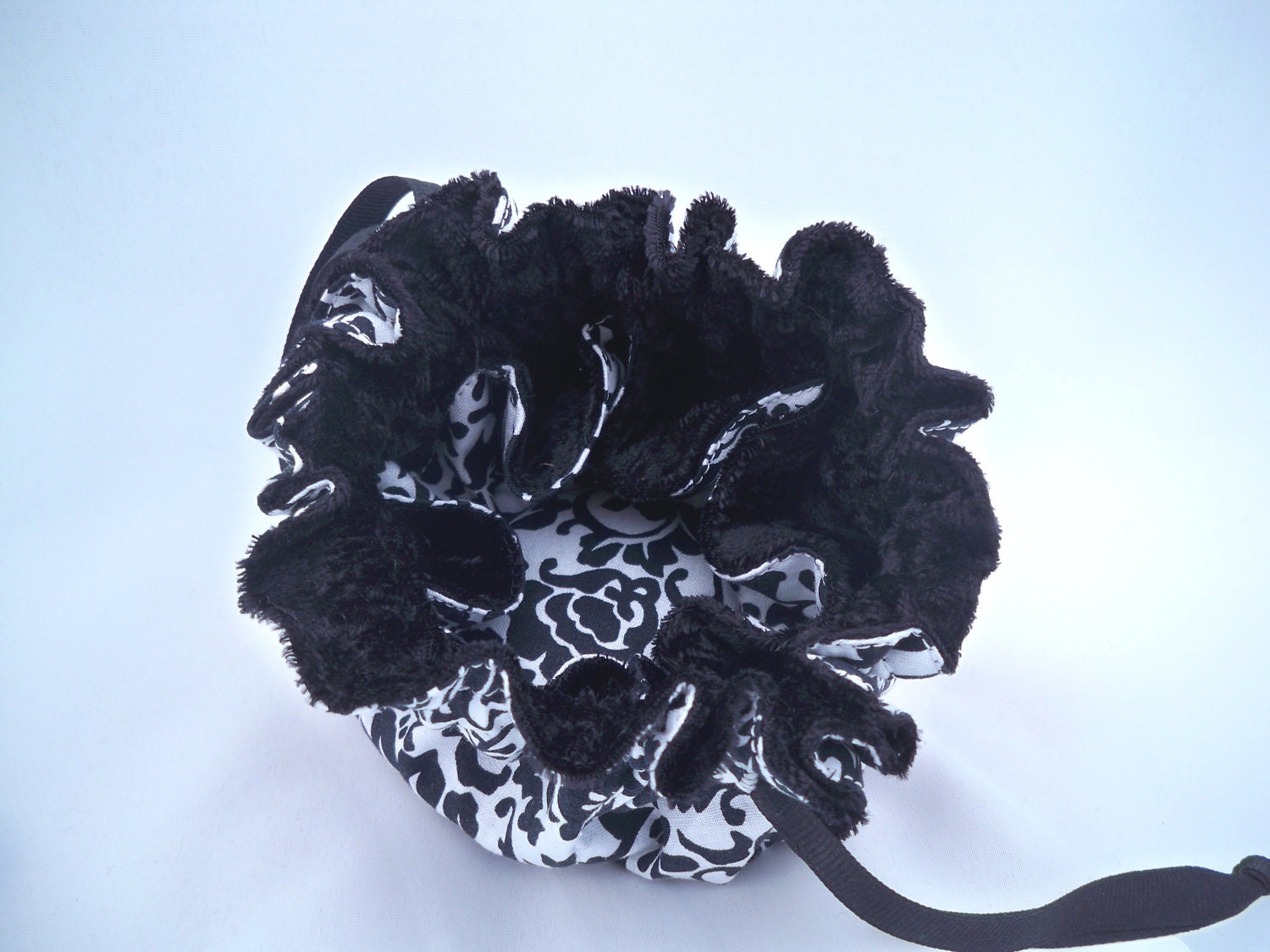 Jewelry Pouch, Small, Drawstring, Black & White Damask, Cotton, Panne Velvet,