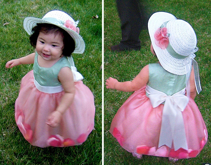 Aria Flower Petal Dress, Flower Girl Dress, Weddings, Special Occasion, Celadon and Coral, Sizes 12 mo to 8