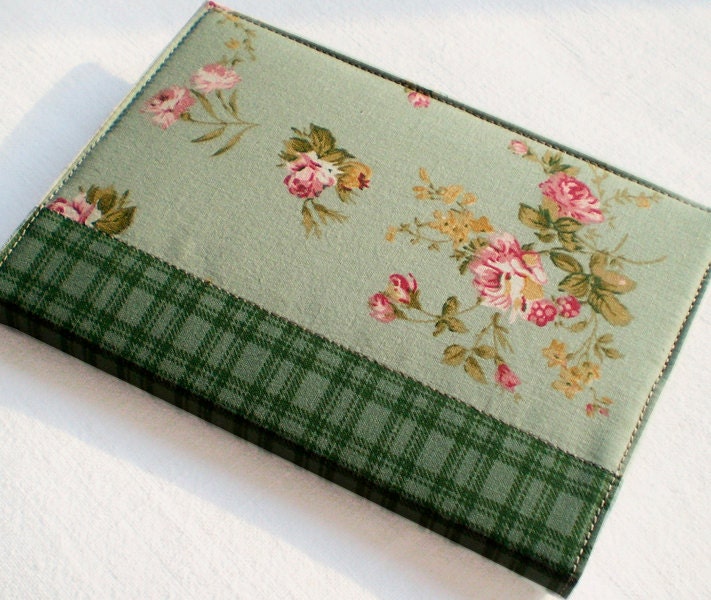 Fabric Journal Cover - Green Garden - A6 Notebook, Diary - Pink Roses and Flowers With Green Plaid