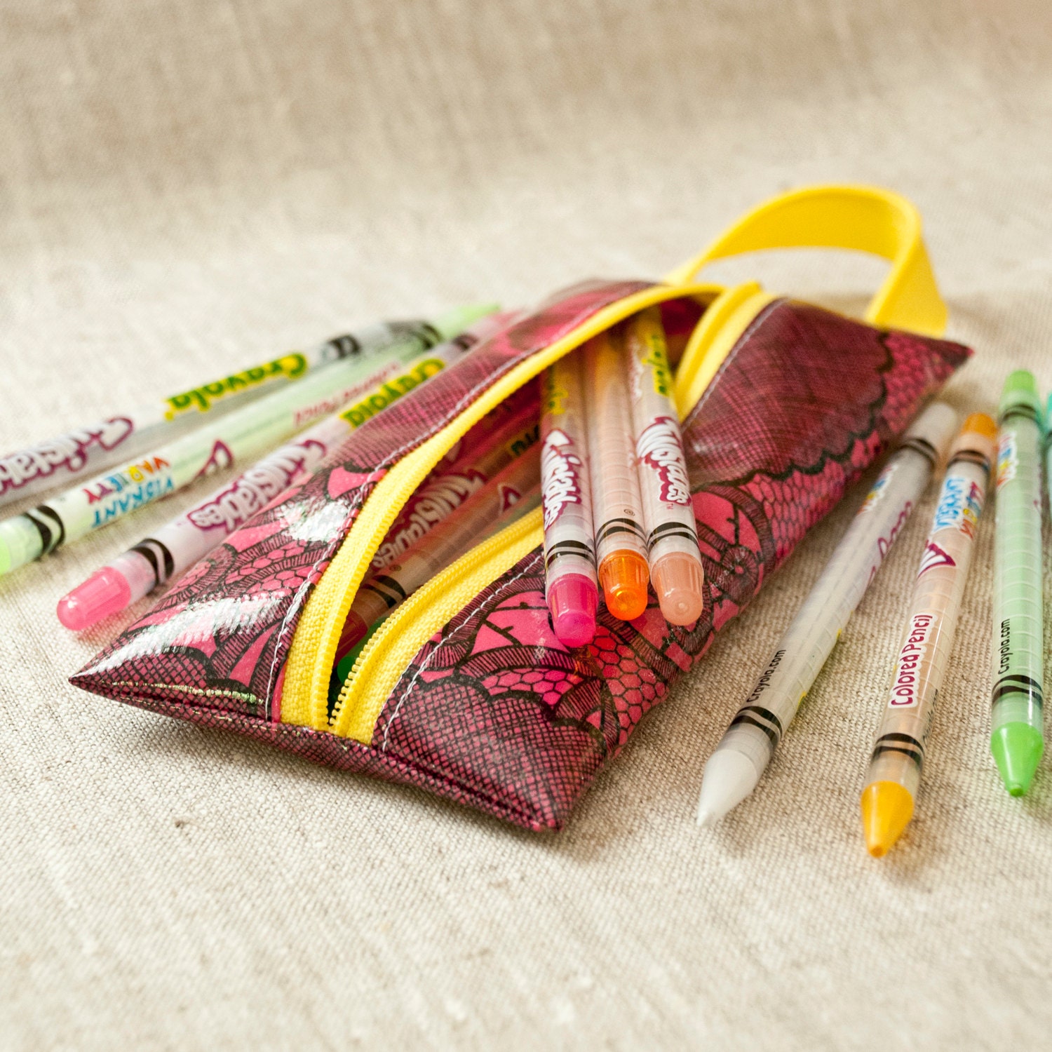Travel Bag Pencil Case Brush Kit Magenta Lace Oilcloth