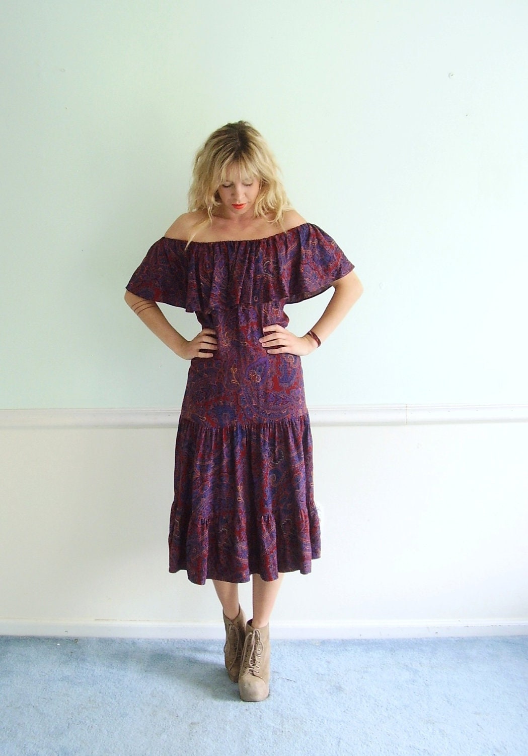 Purple Paisley Boho Tier Gypsy Maxi Dress - Vintage 70s 1970s - SMALL MEDIUM S M