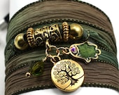 Silk Wrap Bracelet - Woodland Moss with Tree of Life, Enameled Hamsa and Olivine Swarovski Crystals