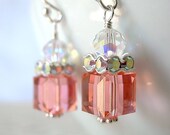 Rose Peach Pink Swarovski Crystal Cube and Clear Crystal Rhinestone Squaredelle Earrings, Sterling Silver Earwires, Square, Bridesmaid