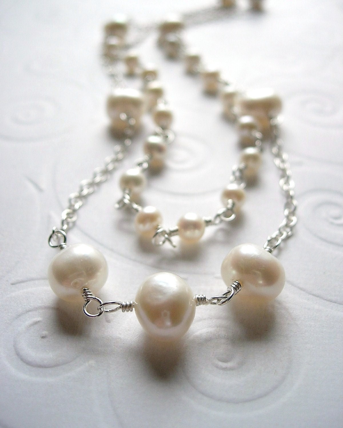 White Freshwater Pearl, Double Strand, Sterling Silver Necklace, Bridal, Mother of the Bride, Two Strand, June Birthstone, Station