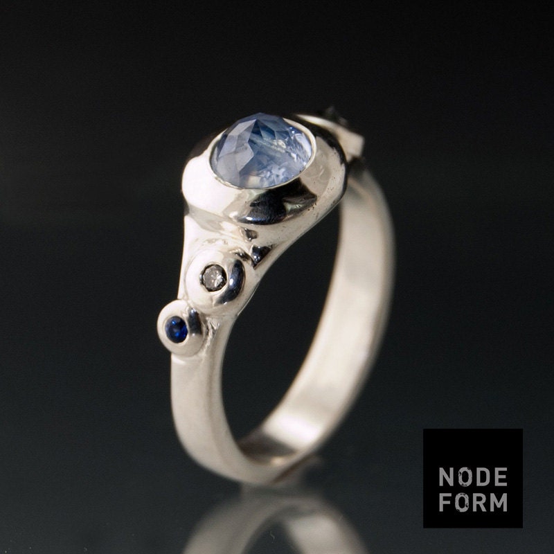 Rose Cut Blue Sapphire Ring in Sterling Silver with tiny Sapphires and Diamond Buds