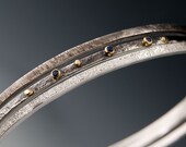Textured Sterling Silver Bracelets Ceylon Sapphires in 18k Gold Setting and Gold Accents, Set of 3 Thin Oxidized Bangles