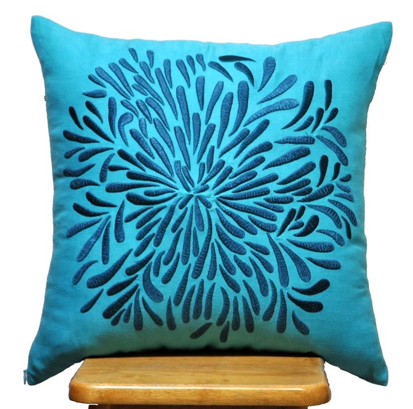 Blue Chrysant Throw Pillow Cover, Decorative Pillow Cover, Deep Blue Flower on Teal Linen Pillow, Pillow Accent Teal, Pillow Case 18 x 18