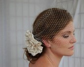 Over sized Ivory Floral Fascinator with Rhinestone detail, and detachable Birdcage Veil- Bridal Collection