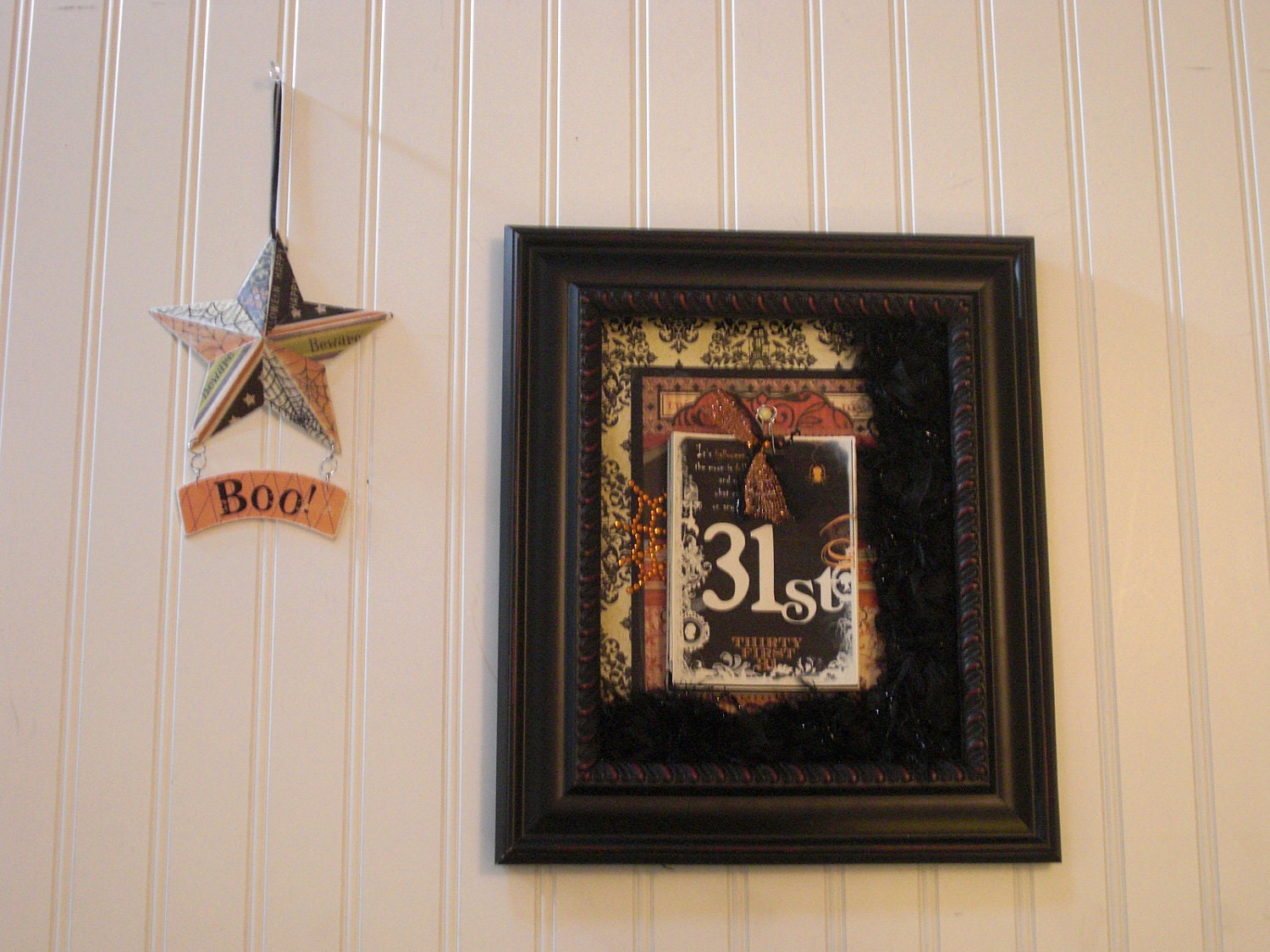 ADORABLE Halloween Stars with BOO Banner... Scary, Spooky Prints in Blacks, Greens, Oranges and Creams... Holiday Decor