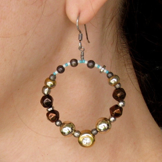 Door knocker metallic beaded hoop earrings