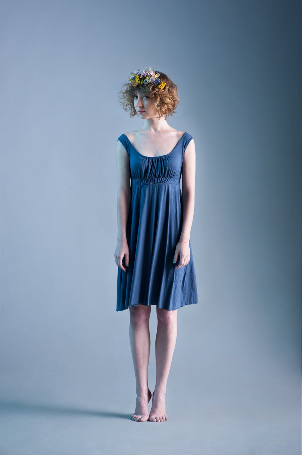 Blue Sleeveless Empire Waist Jersey Dress