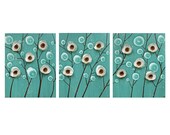 Large Original Fine Art - Orchid Painting - Textured Art on Canvas - 50X20 Teal and Brown Art Decor