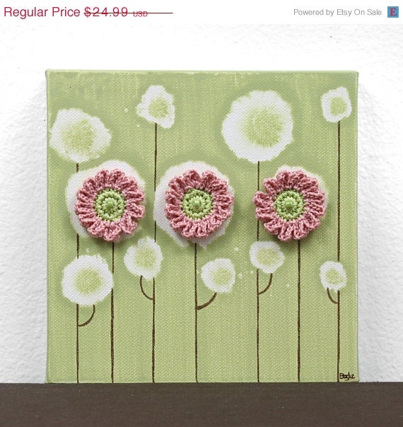 On Sale - Cute Gift for Girl - Pink and Green Girls Bedroom Decor - Mini Canvas Art - Flower Painting - IN STOCK