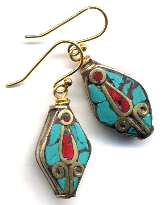 Nepalese Earrings, Tibet Earrings, Coral Turquoise Earrings, Nepal Beads on 18K gold filled wire, Nepal Jewelry by AnnaArt72