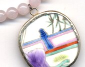 Rose Quartz Necklace with Old Pottery Pendant - Big Ming Pendant -  OOAK Necklace - Handmade Jewelry by AnnaArt72