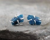 Uncut Raw Rough Apatite Earrings - Sterling Silver Stud Style Earrings - Handmade and Designed by A Second Time