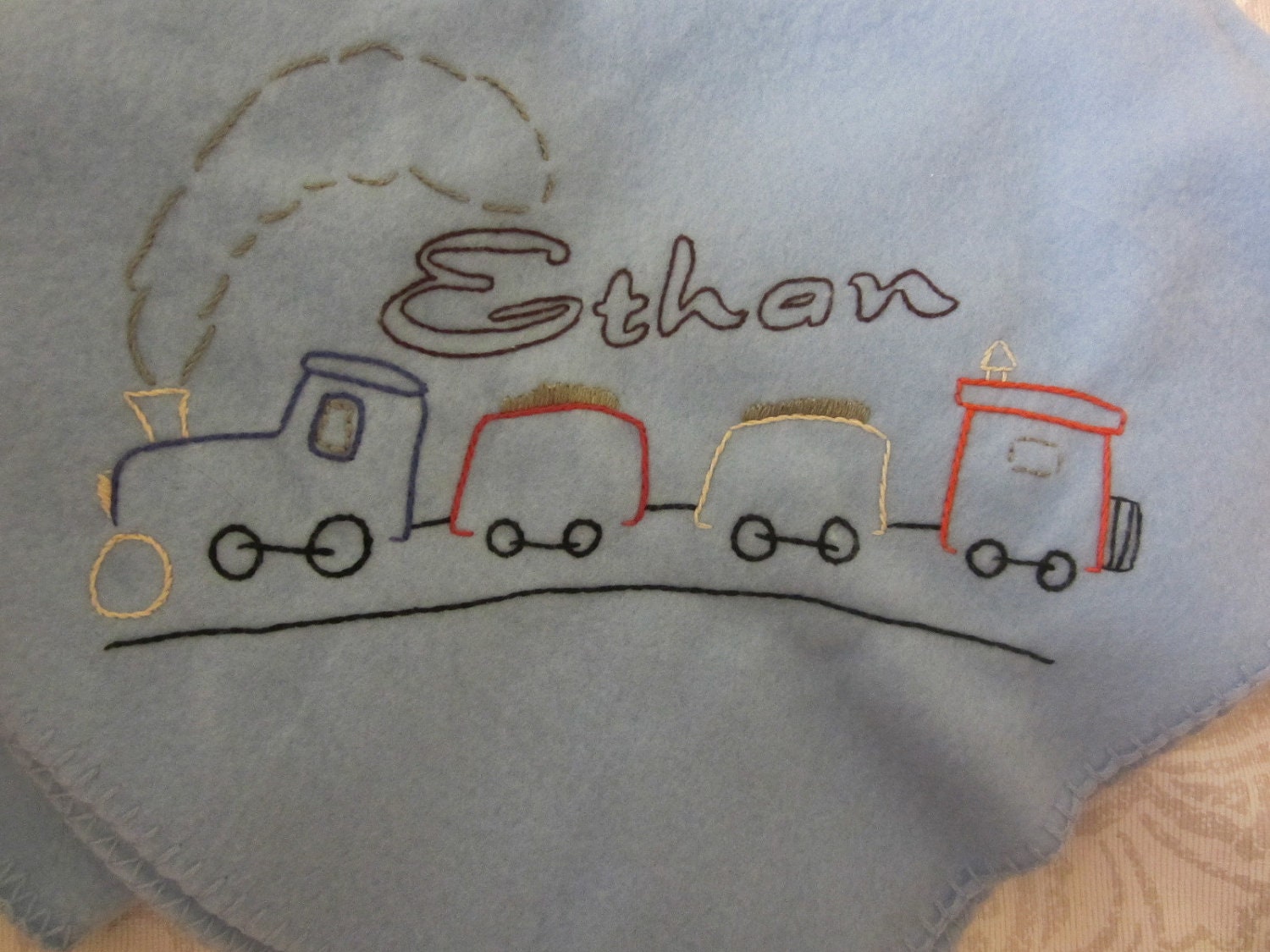 Personalized Hand embroidered Train baby blanket