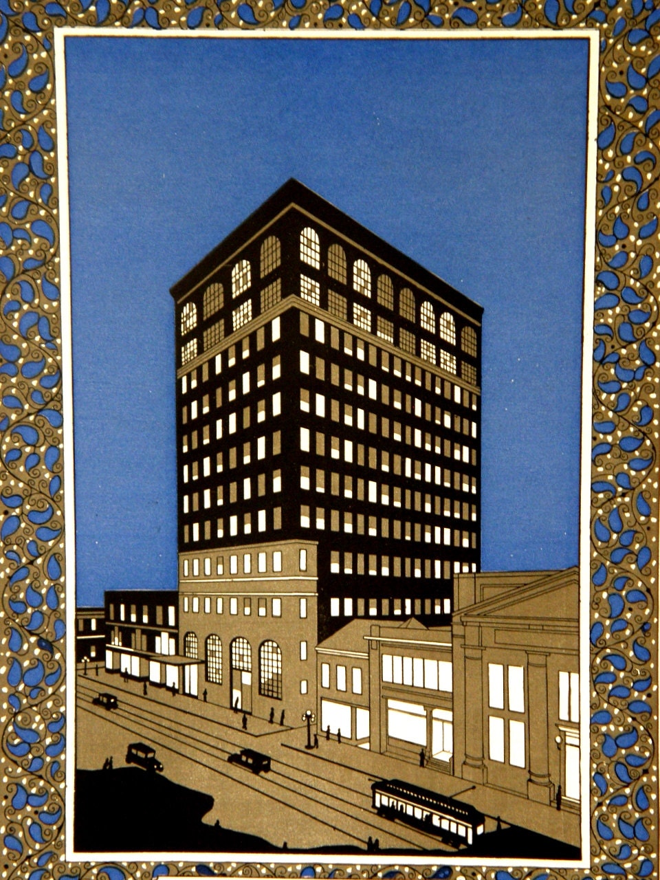 Art Deco Print with Mat: Vintage Ad of Roaring 20s Calendar Design, 3 Color Engraving