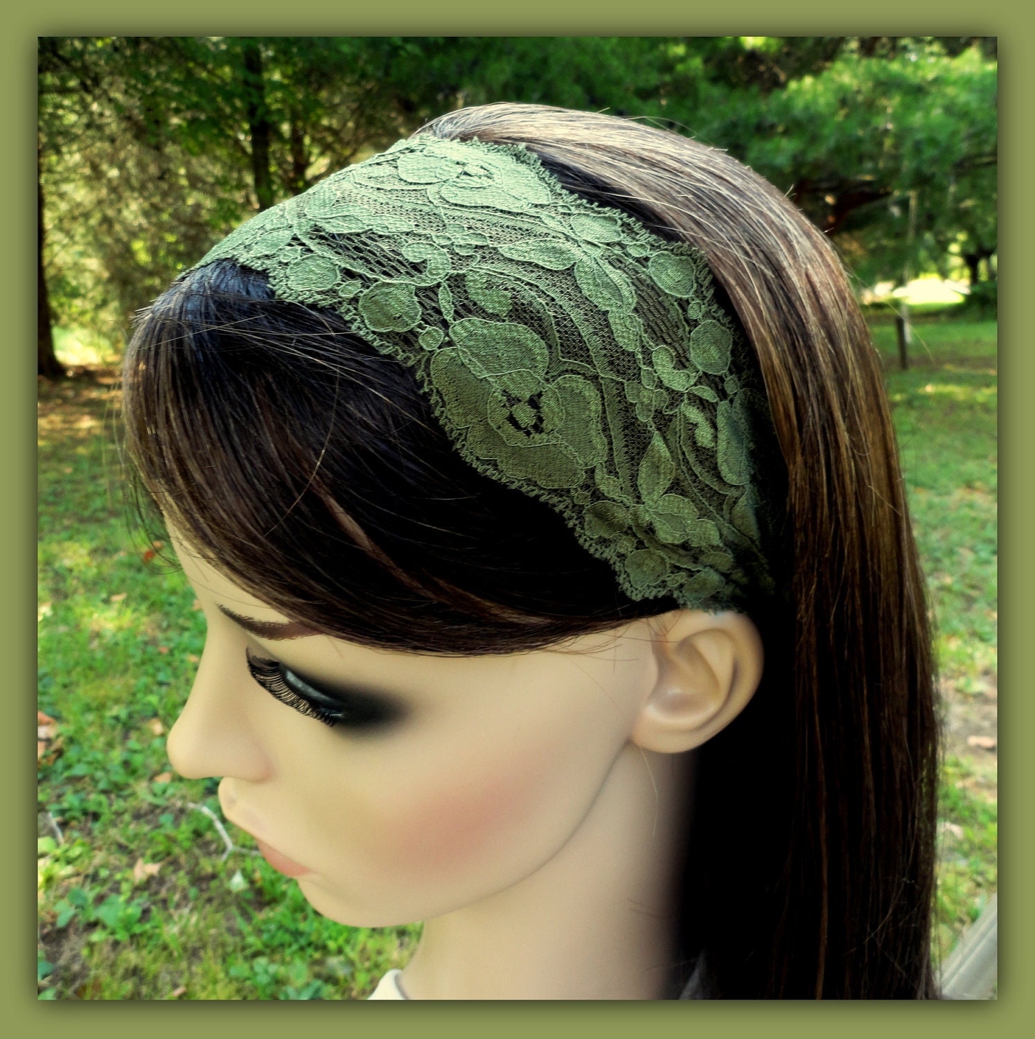 Stretchy Lace Headband Olive Green Stretch Lace Head Band for Adults or Children Christmas Headband
