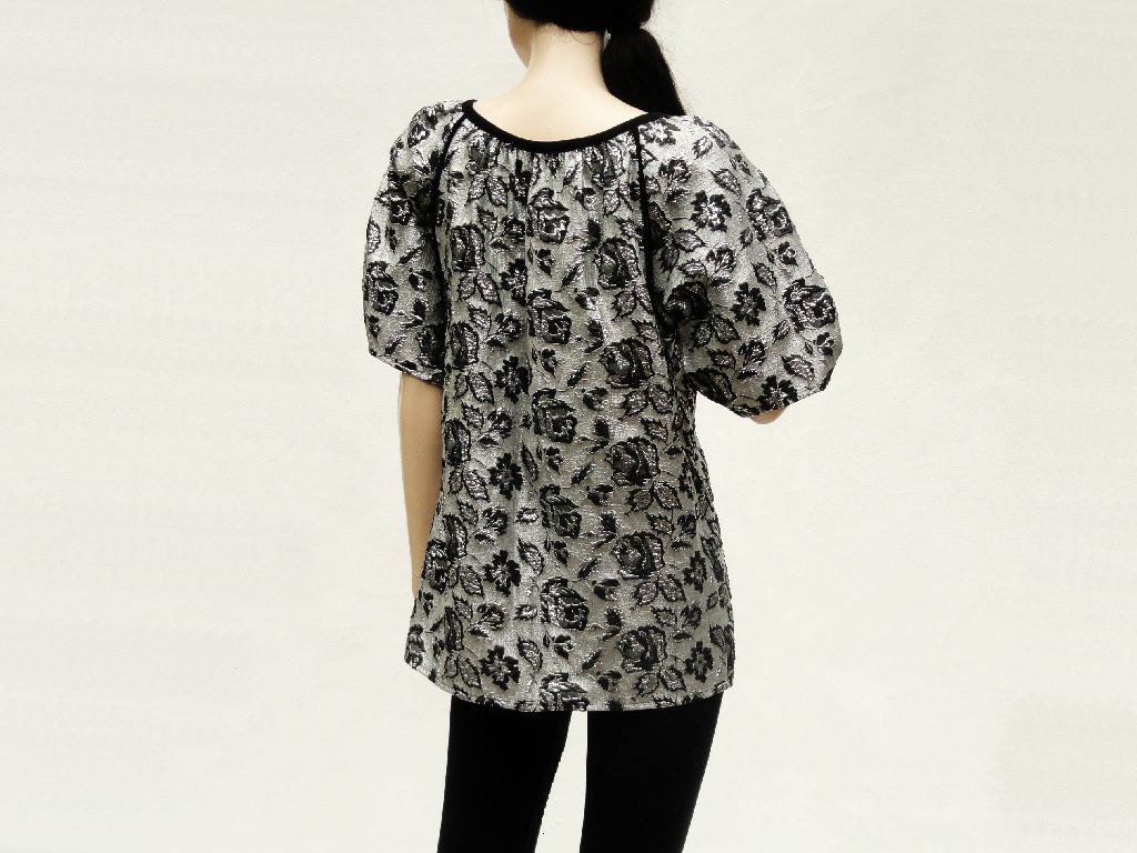 Metallic Silver 80s Blouse Vintage Back Brocade Baroque Top / S