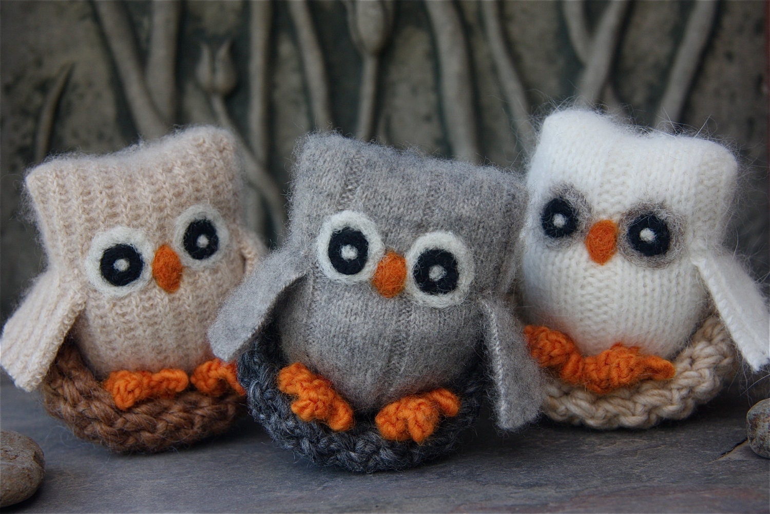 Adopt all three Baby Owls ... angora eco wool felt owls nests brown white gray (woolcrazy)