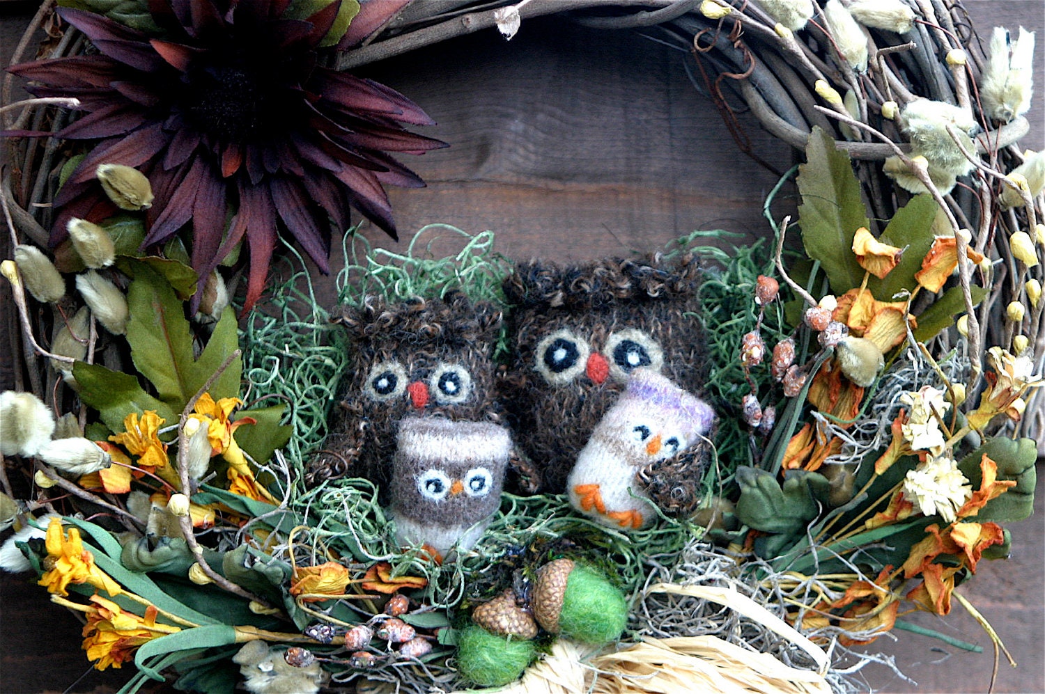 Fall Halloween Thanksgiving Owl Woodland Family, Flowers, Acorns 12" Wreath... (woolcrazy)