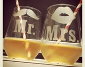 Mr and Mrs Stache and Smooch Stemless White Wine Glasses - Set of 2