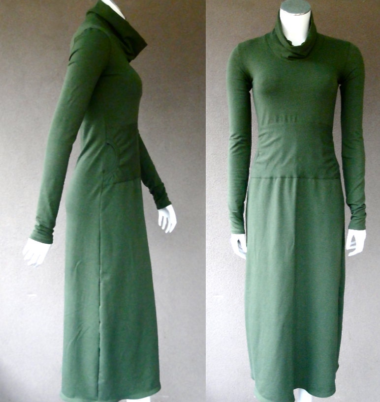 SAMPLE SALE - Long romantic dress - dress with pockets - green sweater dress - organic cotton dress - long knit dress
