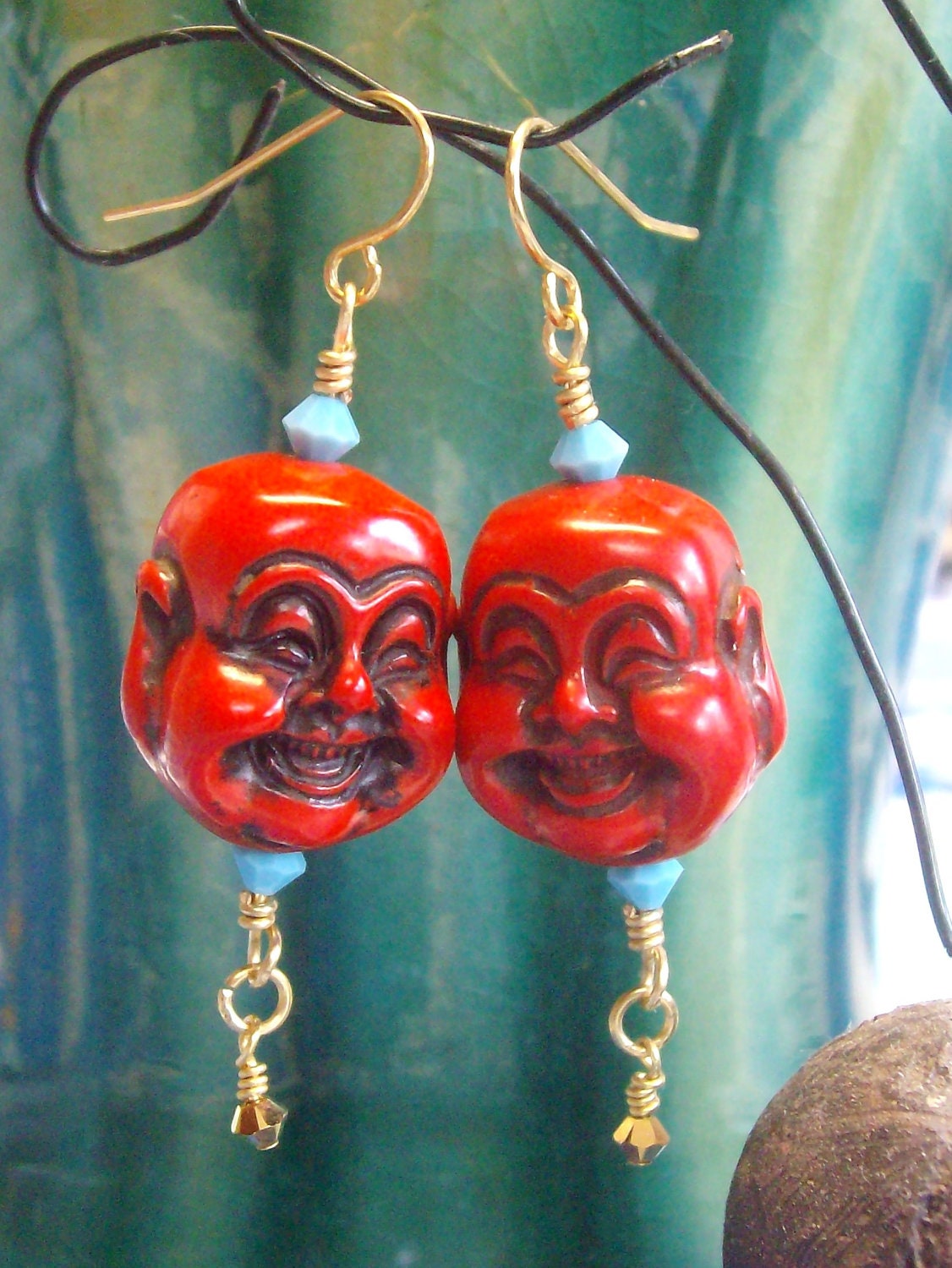 FREE SHIP Red Happy Buddha Earrings with gold  swarovski Turquoise  vintage beads  chinese asian valentine