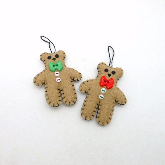 2 Tiny Teddy Bear Wool Felt Christmas Ornaments - 2 1/2"