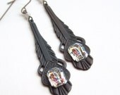 Art Deco Jewel Earrings Antiqued Brass Vintage Iridescent Glass Rhinestones Long Dangles