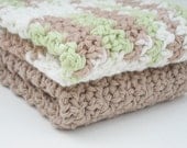 Crochet Dishcloths Cotton Yarn Washcloths Set of 2 Coffee Brown and Light Green 8" Square Kitchen Bathroom