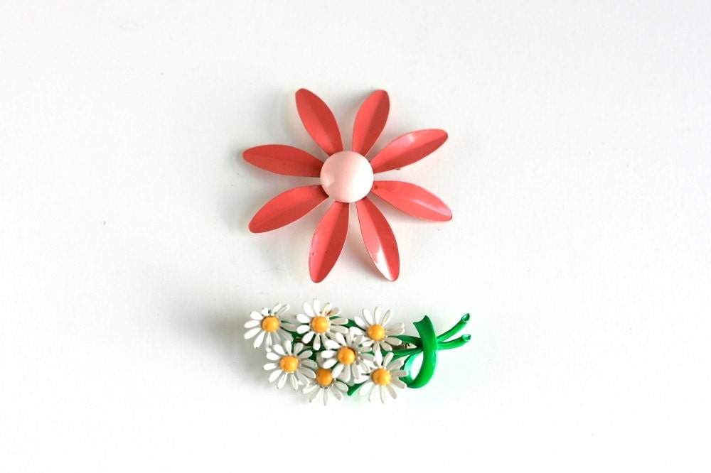 Pair of Vintage Enamel Flower Pins