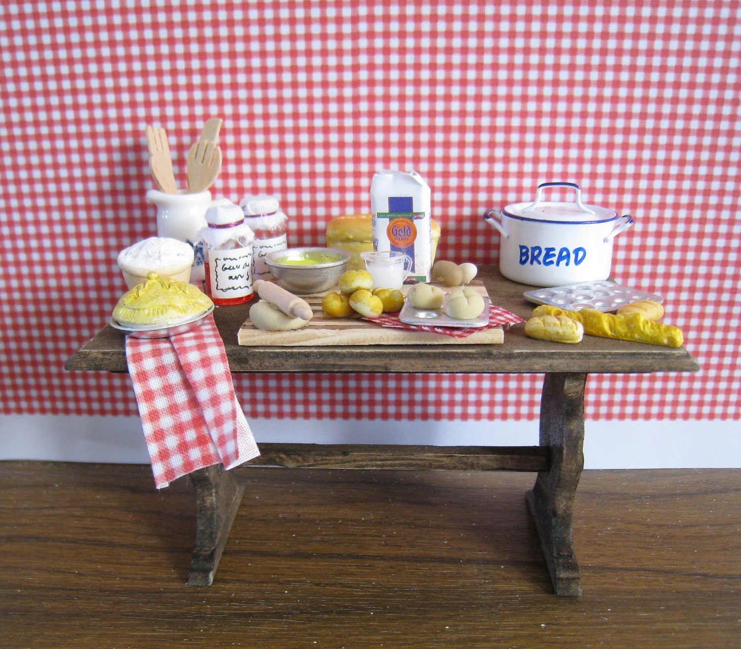 Baking Day Table , filled, .Country look. Twelfh scale dollhouse miniature