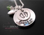 Hand Stamped Jewelry - Personalized Necklace - Sterling Silver - Tiny Cupped Stacked with Birthstone and Heart Charm